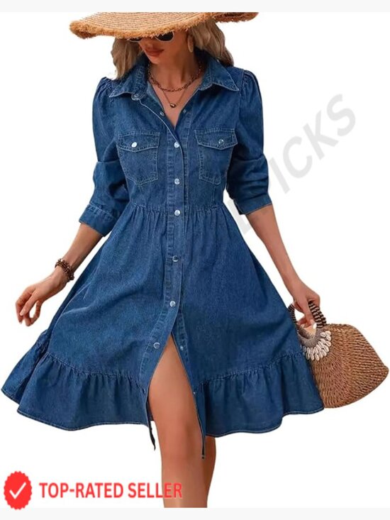 Dresses & Skirts - Flowy Denim Dress Lapel Long Puff Sleeve Button Down A Line Swing Ruffle